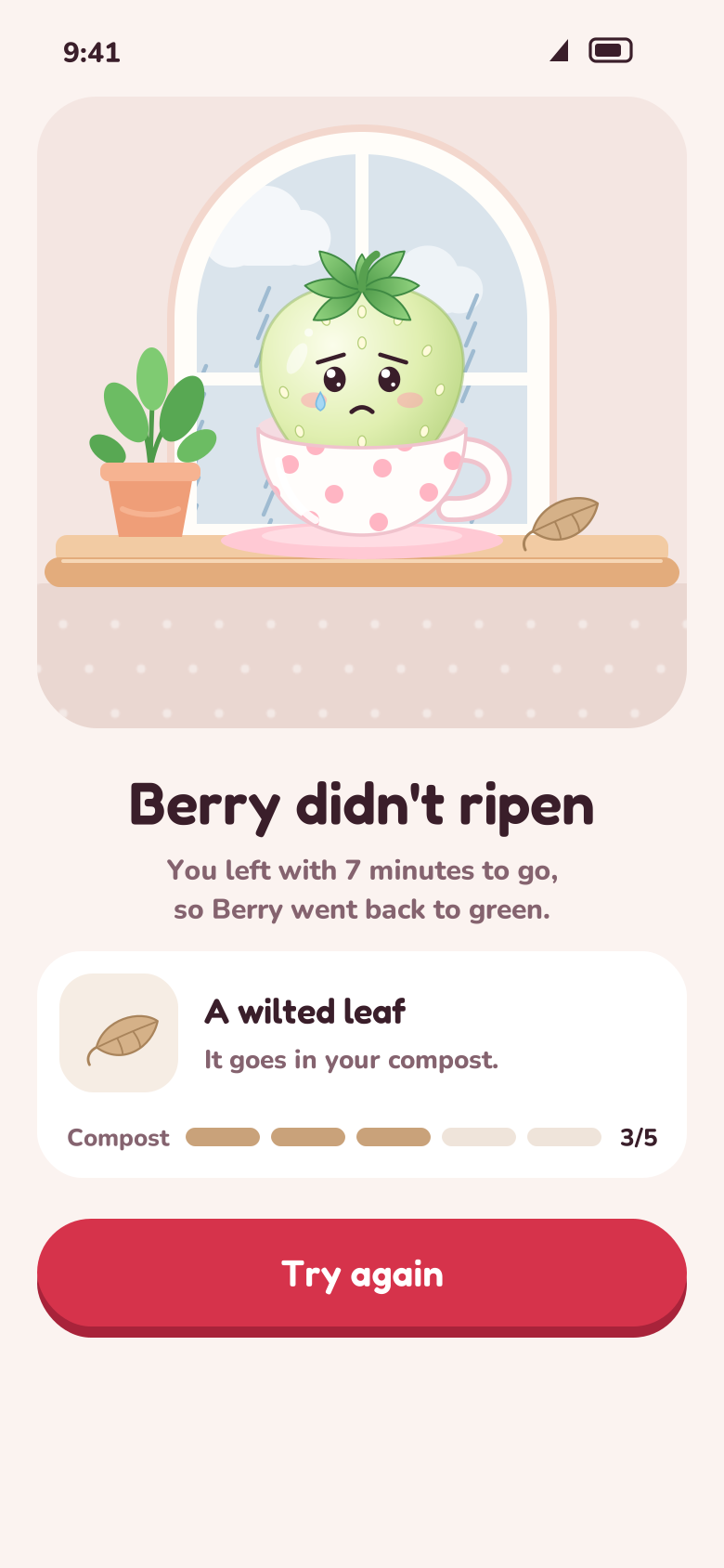 Left early screen: a green Berry in the rain and a wilted leaf for the compost
