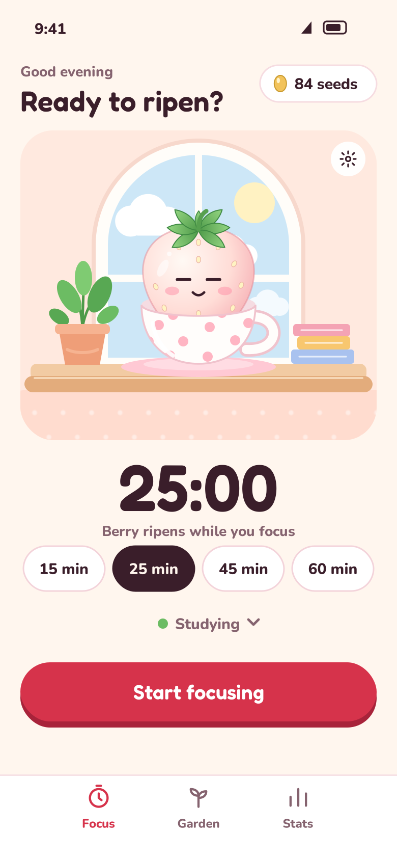 Home screen: Ready to ripen? with the four round lengths and a Start focusing button